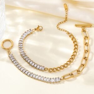 Women Bracelet 18K Gold Plated Stainless Steel Simulated Diamond CZ