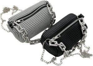Set of 2 Women’s Rhinestone Mini Cylinder Crossbody Bags – Black & Silver with Chain Straps