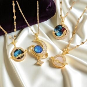 Vintage Moon Necklace for Women – 18K Gold Plated Stainless Steel Pendant with Natural Gemstone – Elegant Celestial Jewelry